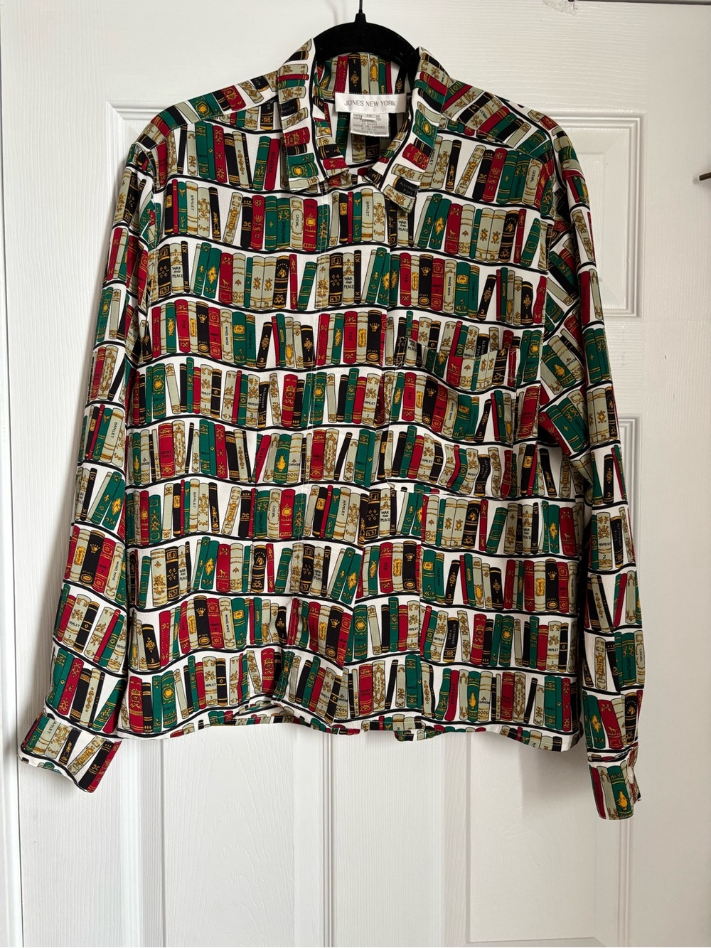 Vintage Jones New York Poly Crepe Button Down Blouse Book Lover L